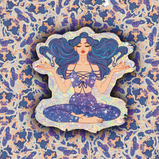 Collage-style product image featuring a celestial goddess meditating with flowing blue hair and galaxy-inspired clothing on a pastel marbled background.