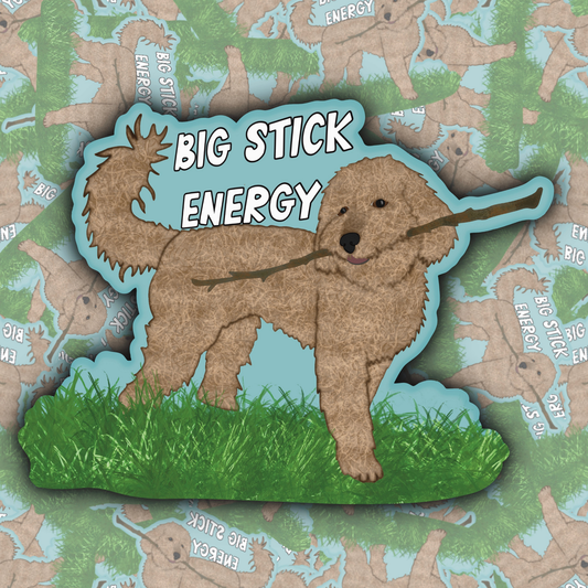 Collage-style image featuring a funny dog sticker with a fluffy dog carrying an oversized stick through grass.