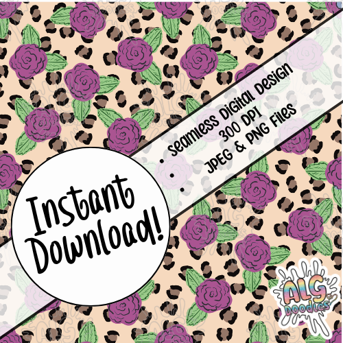 wild rose leopard seamless pattern with purple roses and leopard print background digital download