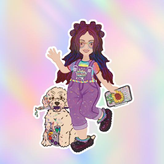 Illustrated vinyl sticker featuring a colorful artist character walking beside a fluffy dog holding a paintbrush.