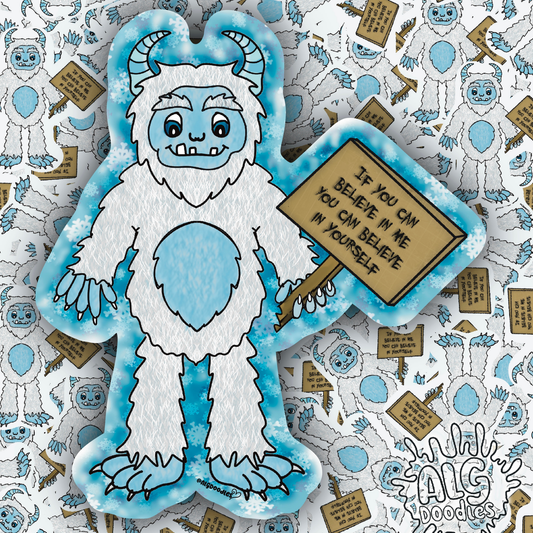 Collage-style image featuring a cute abominable snowman vinyl sticker with snowflake details and an encouraging self-belief message.