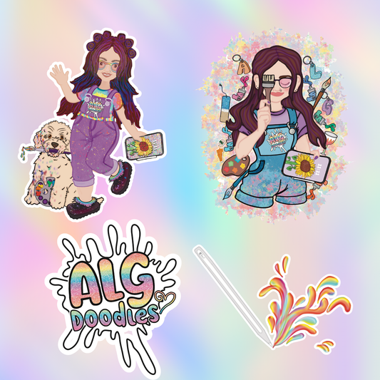 Product image displaying multiple ALG Doodles logo sticker variations including artist illustrations, rainbow paint pen art, and the ALG Doodles logo.