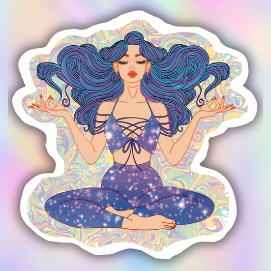 Close-up vinyl sticker of a meditating astral goddess with flowing blue hair, cosmic clothing, and pastel iridescent swirls.