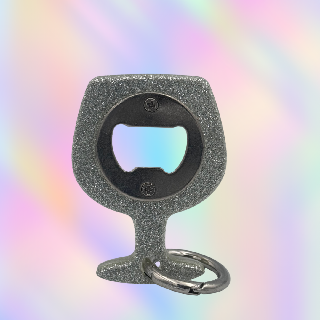 handmade resin wine glass bottle opener keychains with glitter  on metal opener base