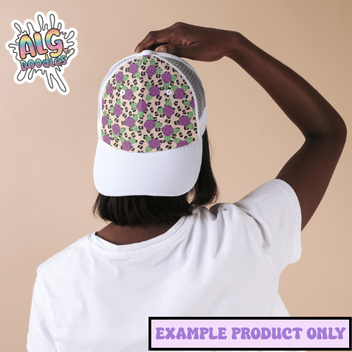 hat mockup featuring floral leopard seamless pattern design
