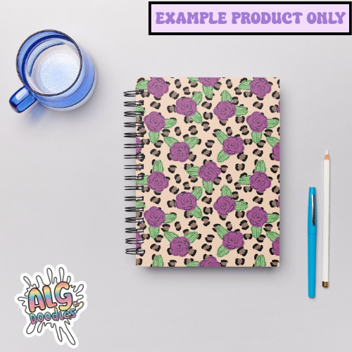 notebook mockup with seamless wild rose leopard floral pattern cover