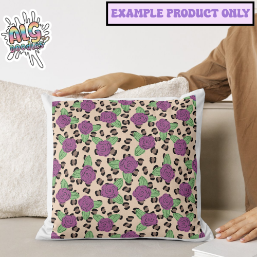 throw pillow mockup with purple rose and leopard print seamless pattern