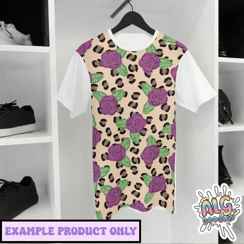 t shirt mockup with purple rose leopard print pattern design