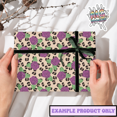 wrapping paper mockup with seamless wild rose leopard floral pattern