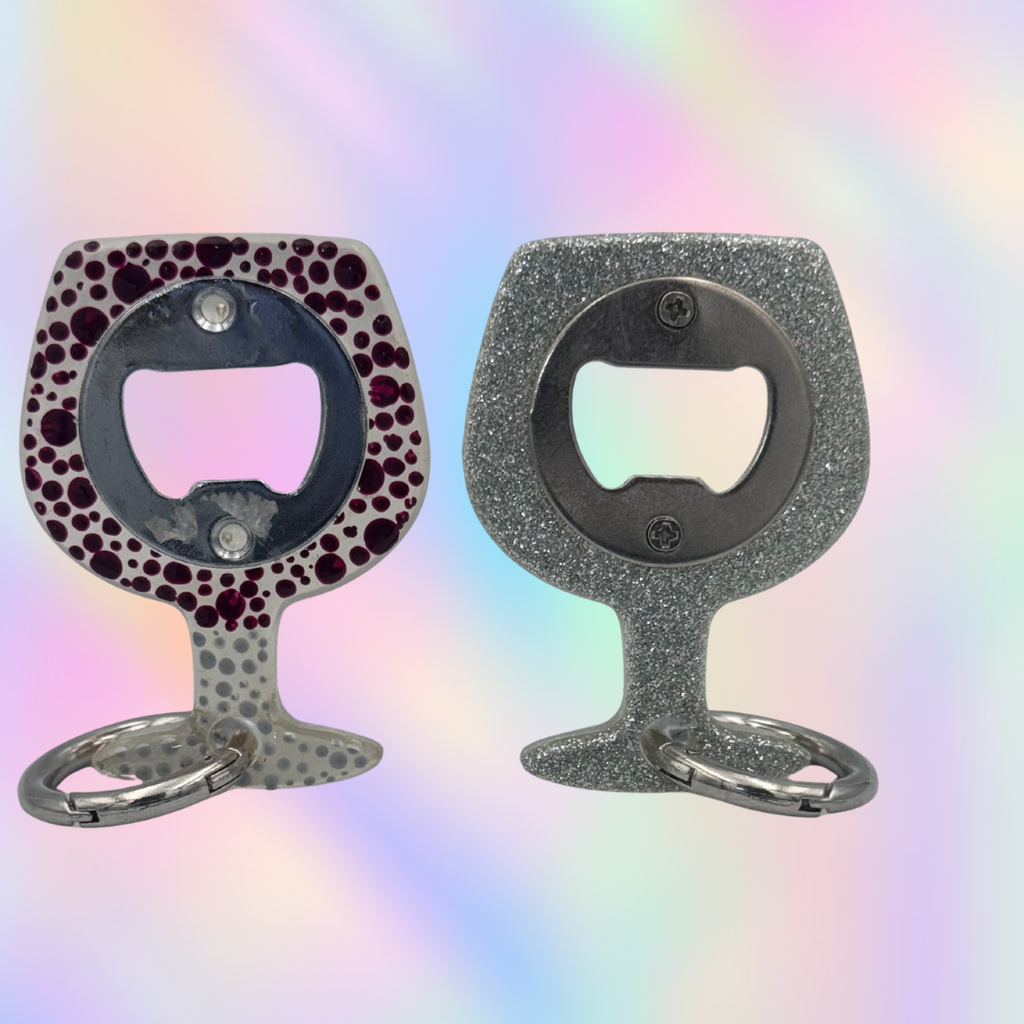 handmade resin wine glass bottle opener keychains with glitter and dotted designs on metal opener base